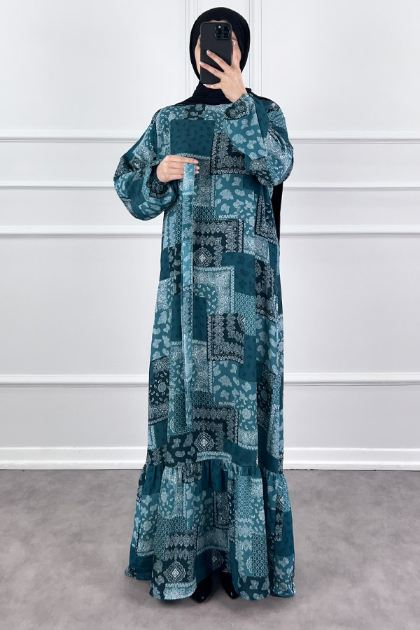 Etnik Desen Tesettür Elbise - Çam Yeşili
