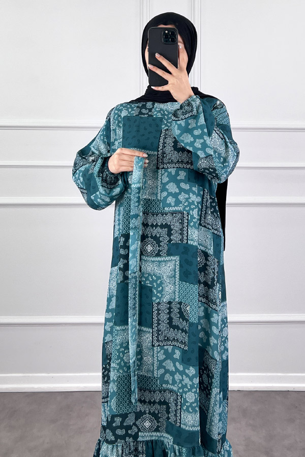 Etnik Desen Tesettür Elbise - Çam Yeşili
