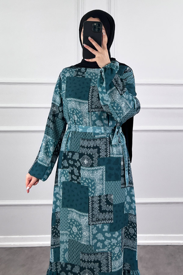 Etnik Desen Tesettür Elbise - Çam Yeşili