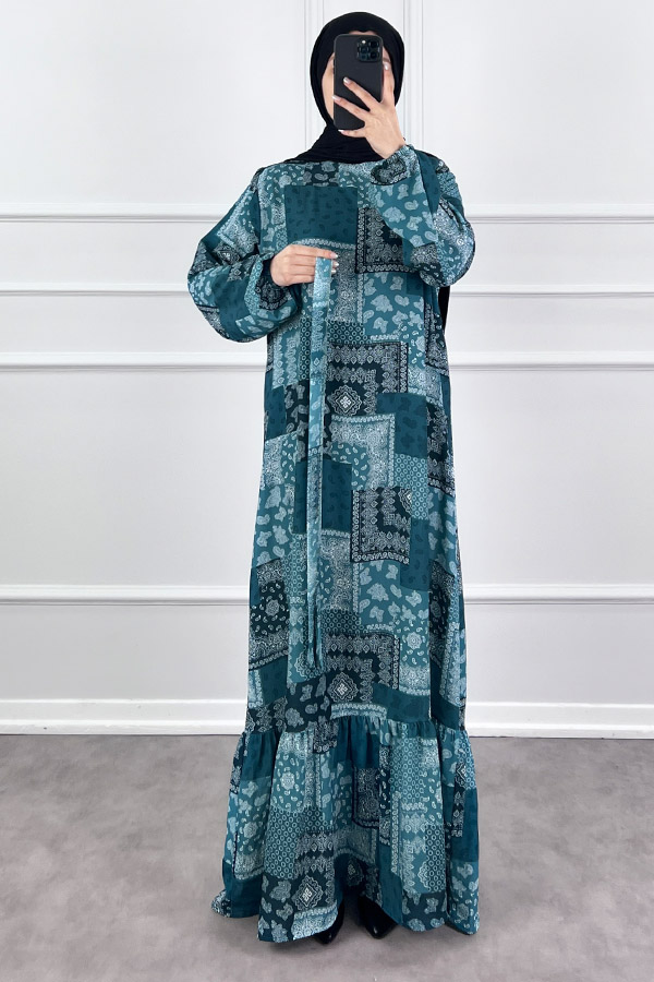 Etnik Desen Tesettür Elbise - Çam Yeşili