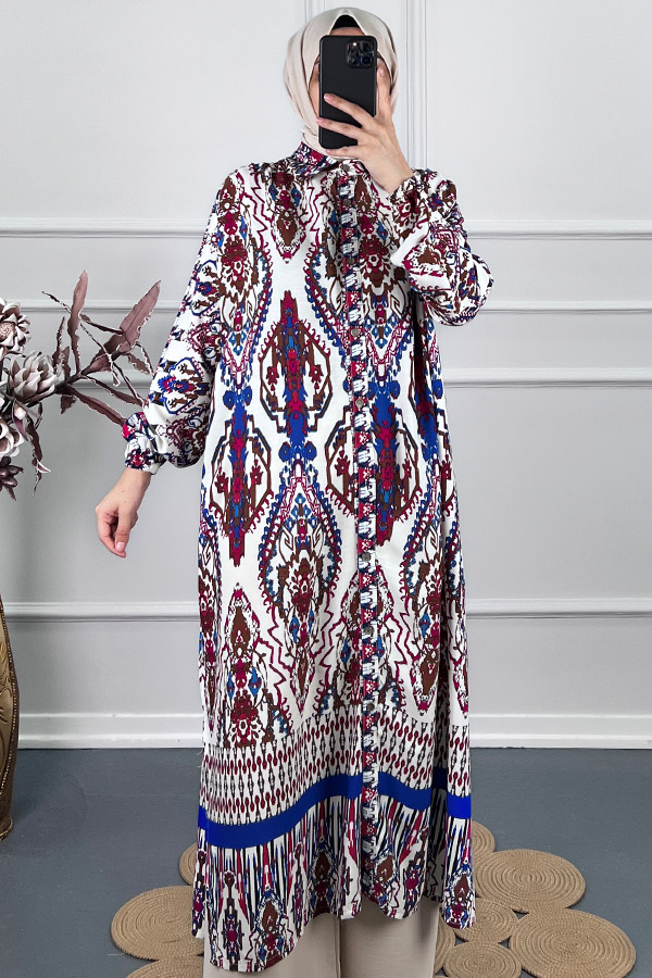 Etnik Desen Uzun Tunik - Bordo
