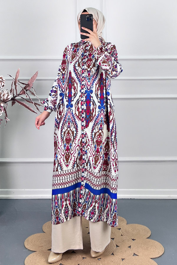 Etnik Desen Uzun Tunik - Bordo