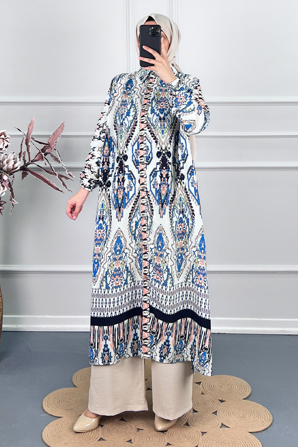 Etnik Desen Uzun Tunik - Mavi Etnik Desen Uzun Tunik - Mavi