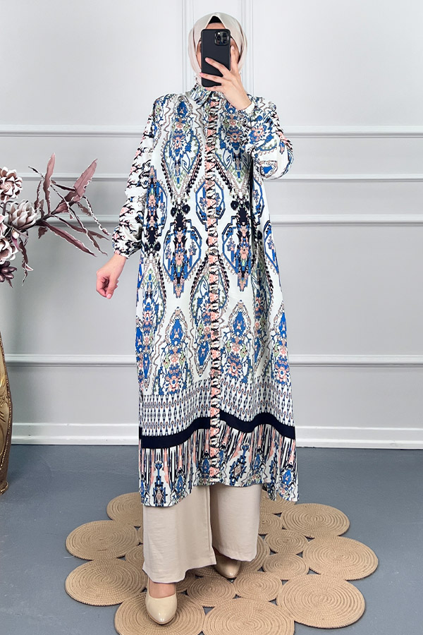 Etnik Desen Uzun Tunik - Mavi Etnik Desen Uzun Tunik - Mavi