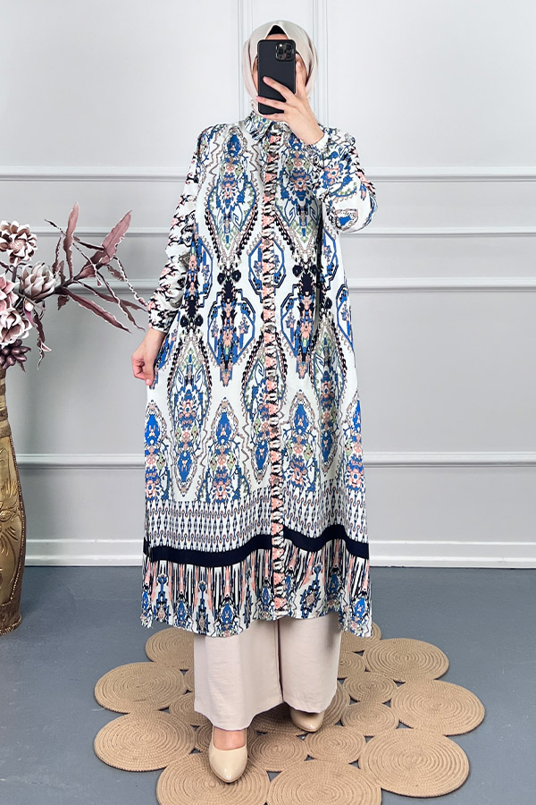 Etnik Desen Uzun Tunik - Mavi Etnik Desen Uzun Tunik - Mavi