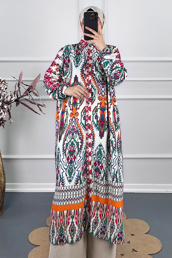 Etnik Desen Uzun Tunik - Turuncu