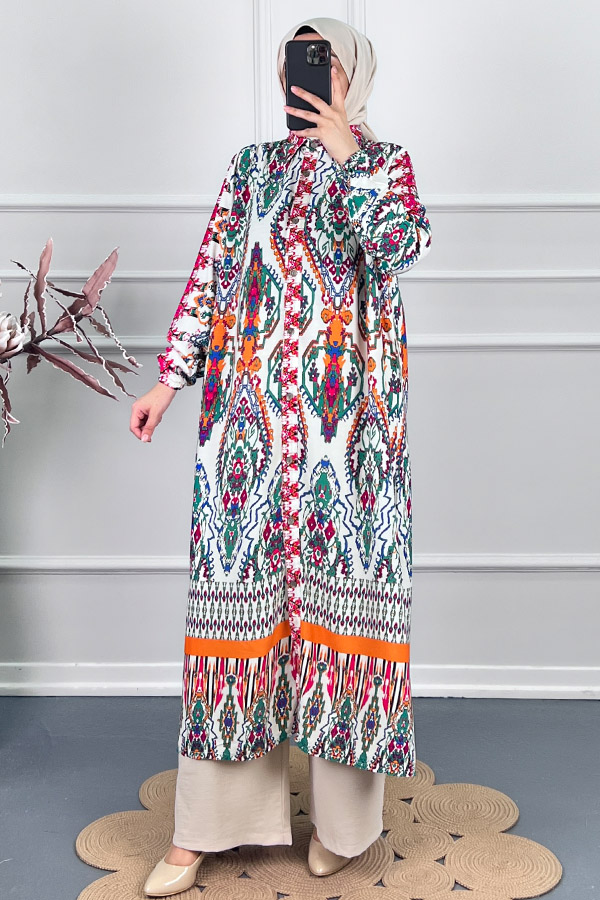 Etnik Desen Uzun Tunik - Turuncu