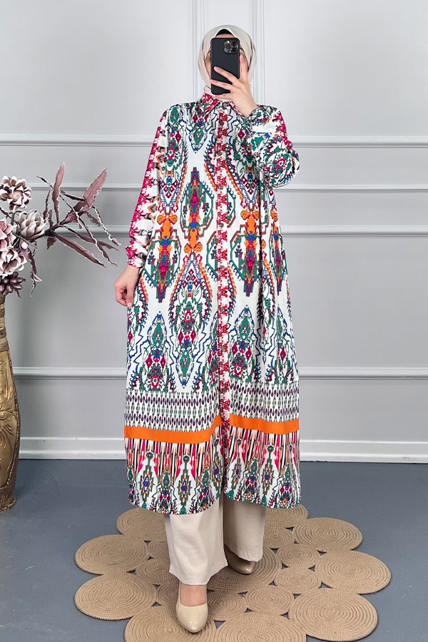Etnik Desen Uzun Tunik - Turuncu