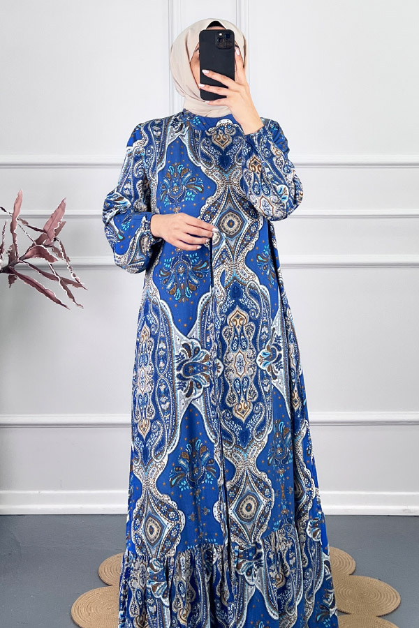 Etnik Desen Viskon Elbise - Mavi Etnik Desen Viskon Elbise - Mavi