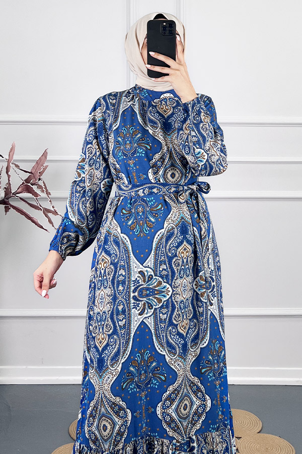 Etnik Desen Viskon Elbise - Mavi Etnik Desen Viskon Elbise - Mavi