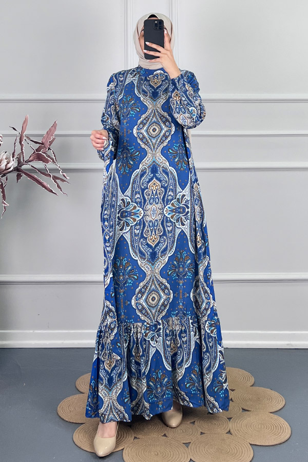 Etnik Desen Viskon Elbise - Mavi Etnik Desen Viskon Elbise - Mavi