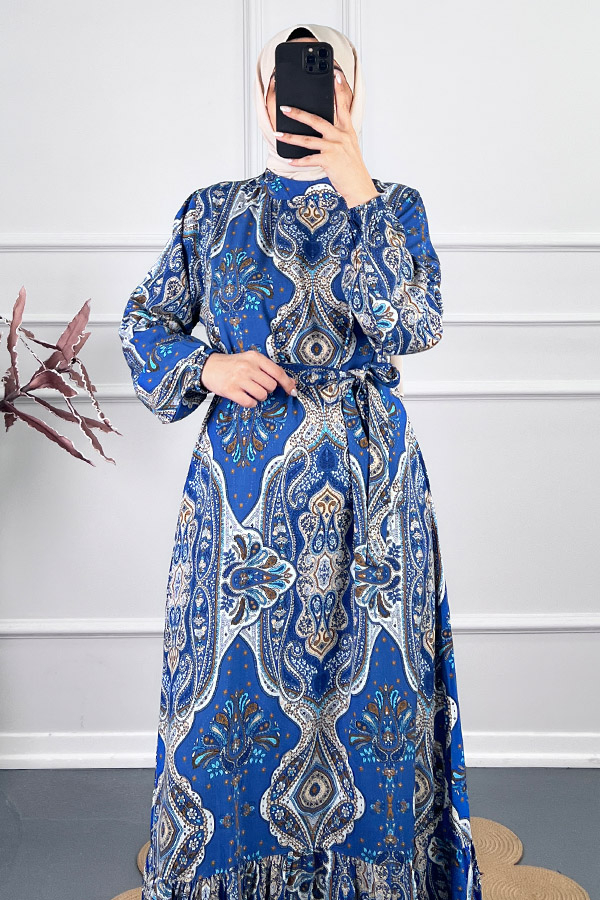 Etnik Desen Viskon Elbise - Mavi Etnik Desen Viskon Elbise - Mavi