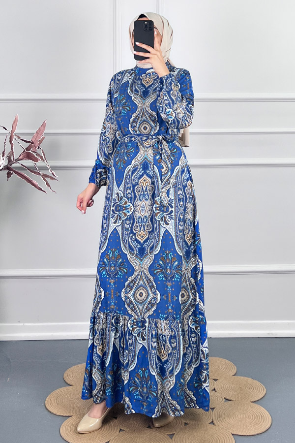 Etnik Desen Viskon Elbise - Mavi Etnik Desen Viskon Elbise - Mavi