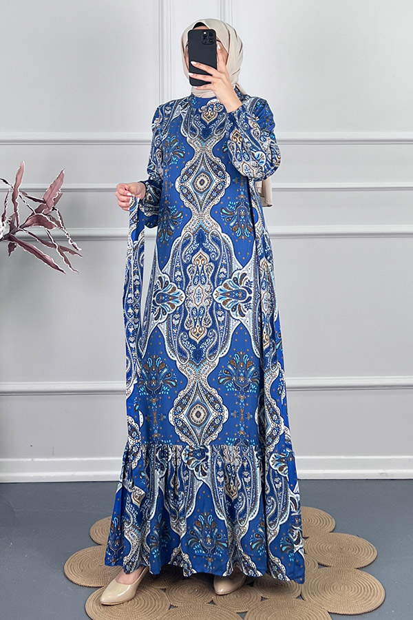 Etnik Desen Viskon Elbise - Mavi Etnik Desen Viskon Elbise - Mavi