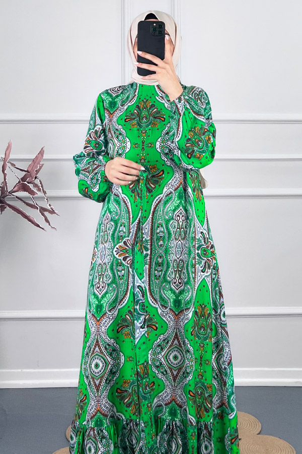 Etnik Desen Viskon Elbise - Yeşil