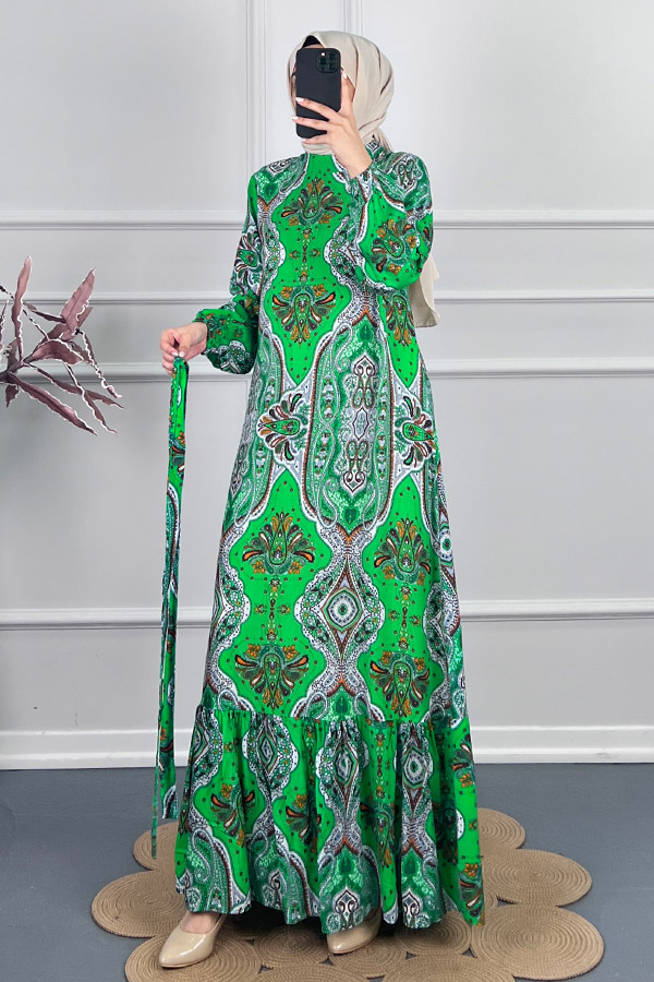 Etnik Desen Viskon Elbise - Yeşil