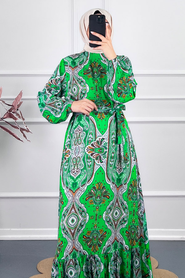 Etnik Desen Viskon Elbise - Yeşil