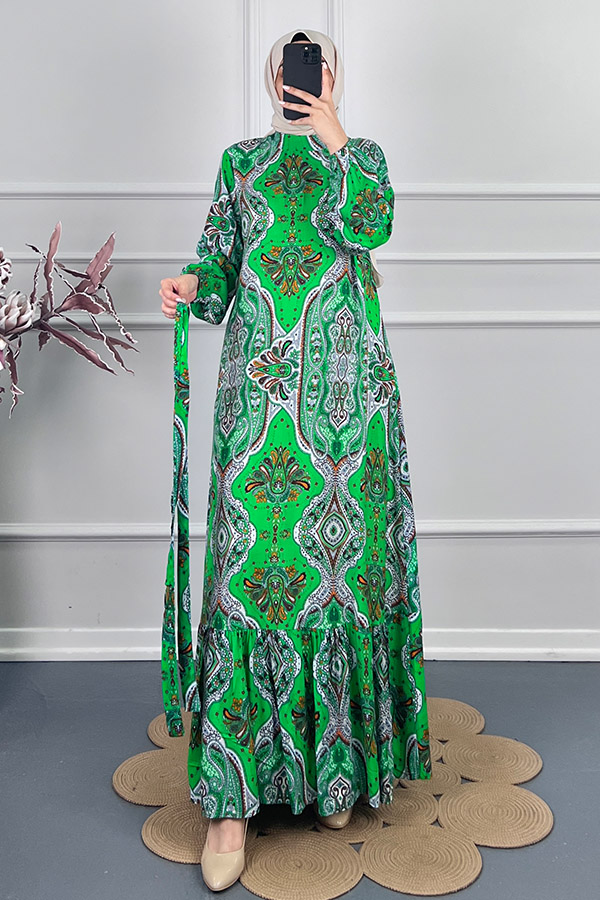 Etnik Desen Viskon Elbise - Yeşil