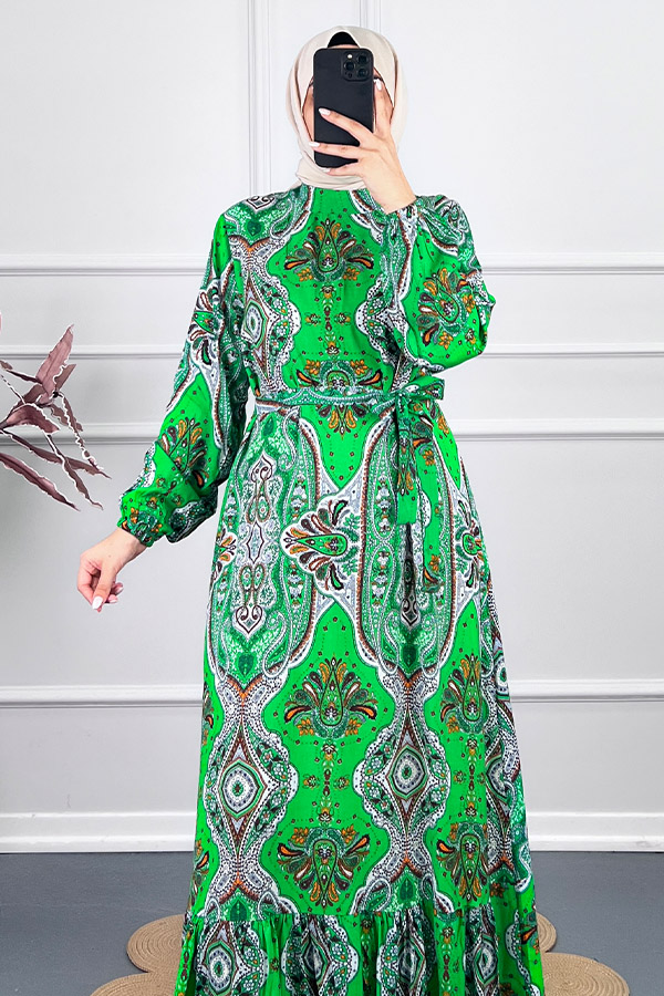 Etnik Desen Viskon Elbise - Yeşil