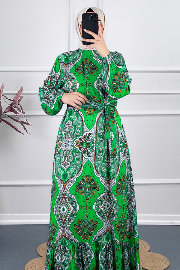 Etnik Desen Viskon Elbise - Yeşil