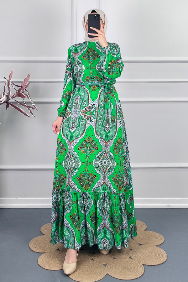 Etnik Desen Viskon Elbise - Yeşil