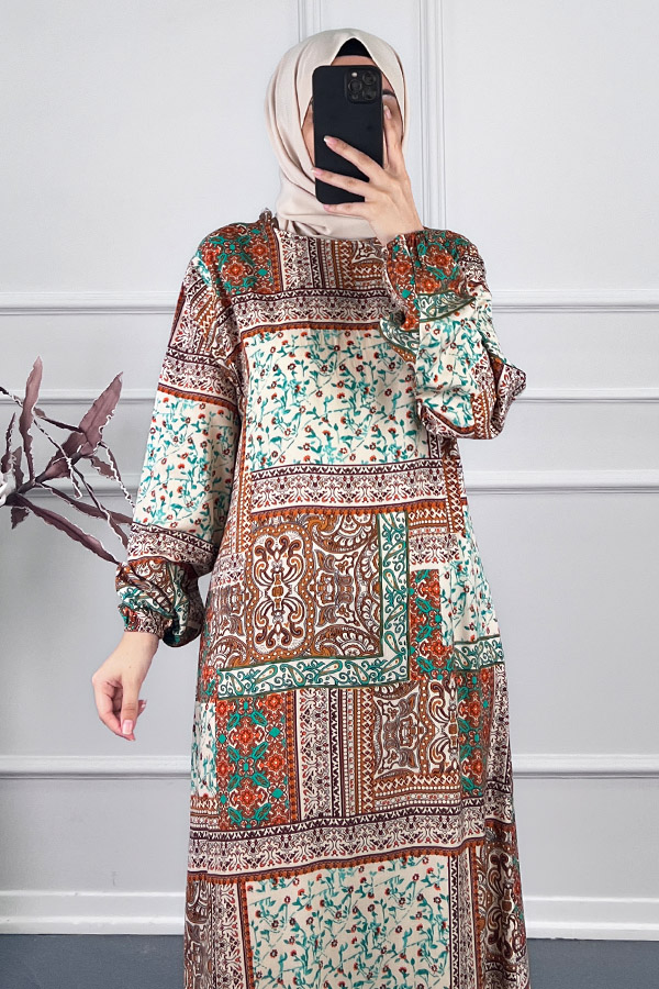 Etnik Desenli Elbise - Kahverengi