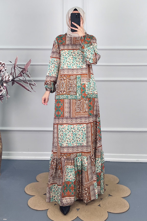 Etnik Desenli Elbise - Kahverengi