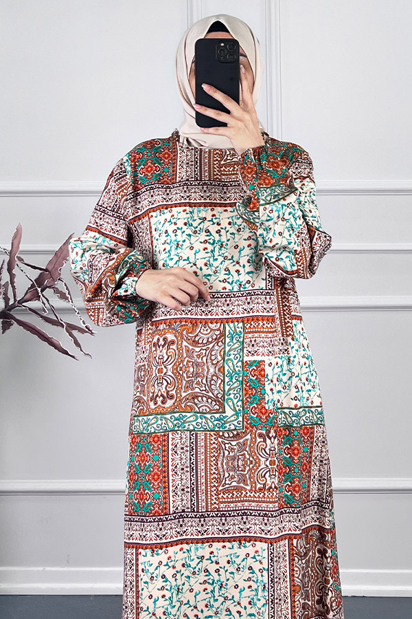 Etnik Desenli Elbise - Kahverengi