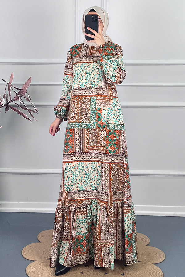 Etnik Desenli Elbise - Kahverengi