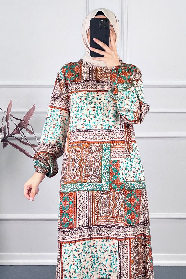 Etnik Desenli Elbise - Kahverengi