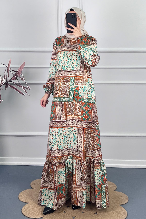 Etnik Desenli Elbise - Kahverengi