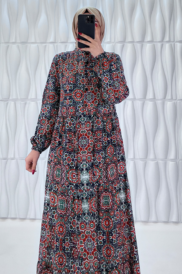 Etnik Desenli Pamuk Viskon Elbise - Bordo Etnik Desenli Pamuk Viskon Elbise - Bordo