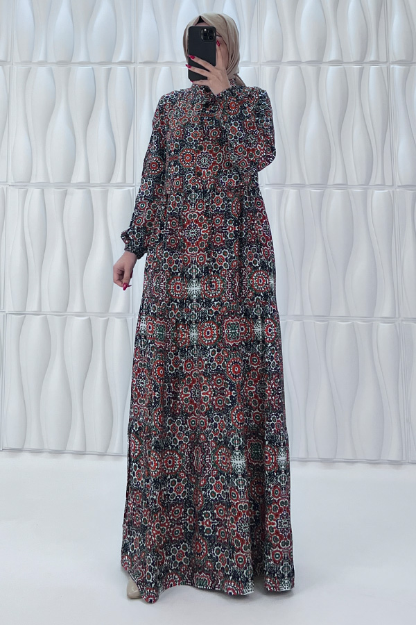Etnik Desenli Pamuk Viskon Elbise - Bordo Etnik Desenli Pamuk Viskon Elbise - Bordo