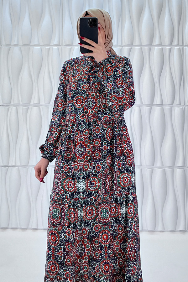 Etnik Desenli Pamuk Viskon Elbise - Bordo Etnik Desenli Pamuk Viskon Elbise - Bordo