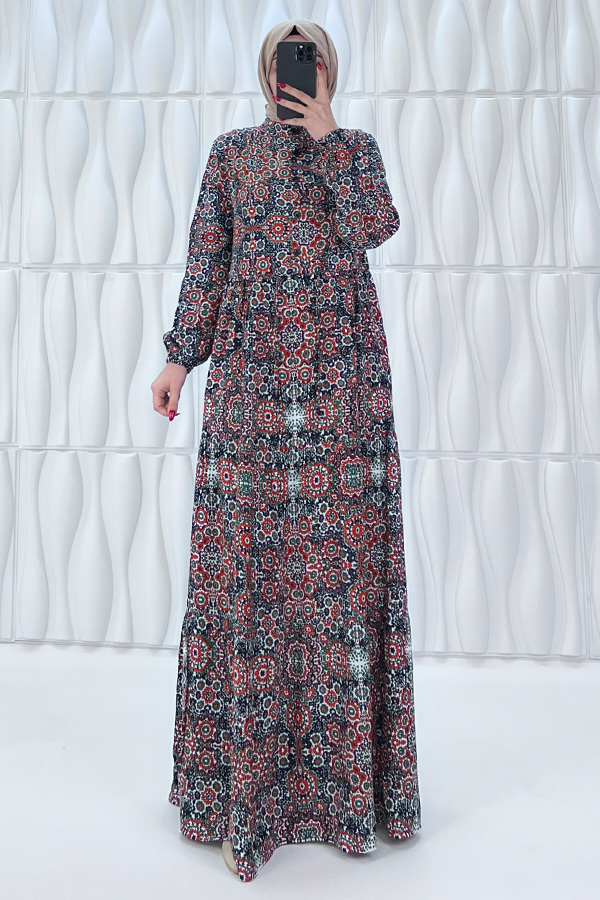 Etnik Desenli Pamuk Viskon Elbise - Bordo Etnik Desenli Pamuk Viskon Elbise - Bordo