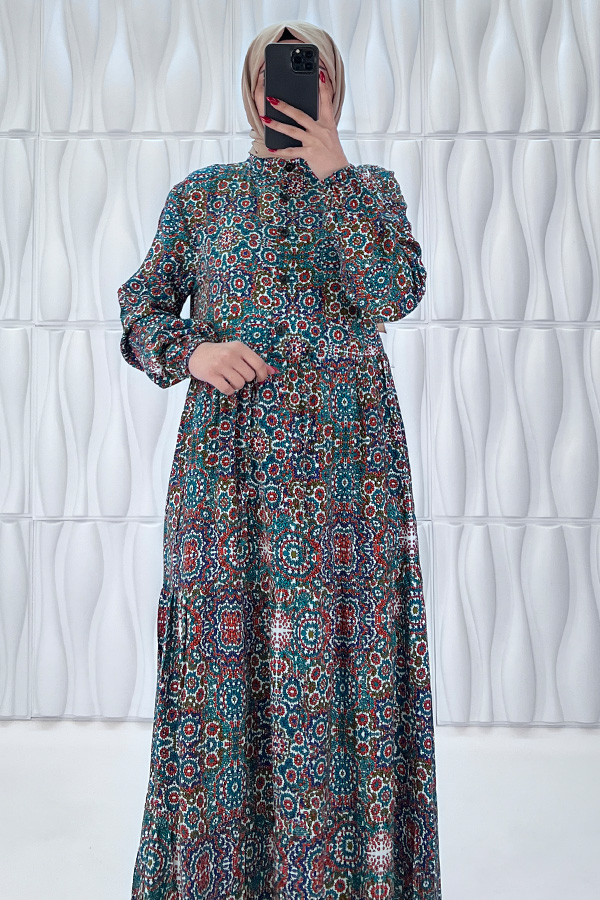 Etnik Desenli Pamuk Viskon Elbise - Haki