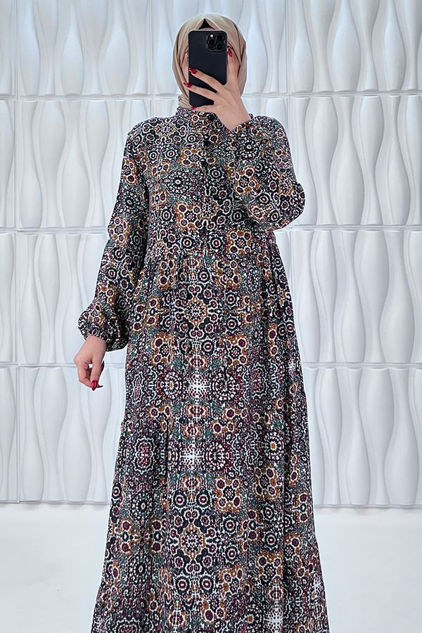 Etnik Desenli Pamuk Viskon Elbise - Siyah