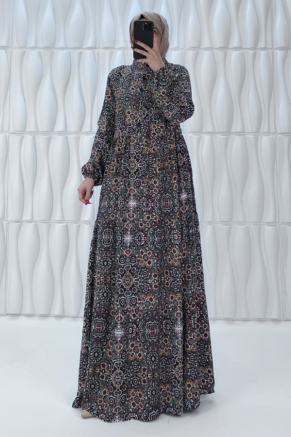 Etnik Desenli Pamuk Viskon Elbise - Siyah