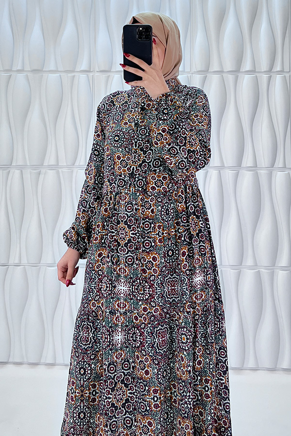 Etnik Desenli Pamuk Viskon Elbise - Siyah