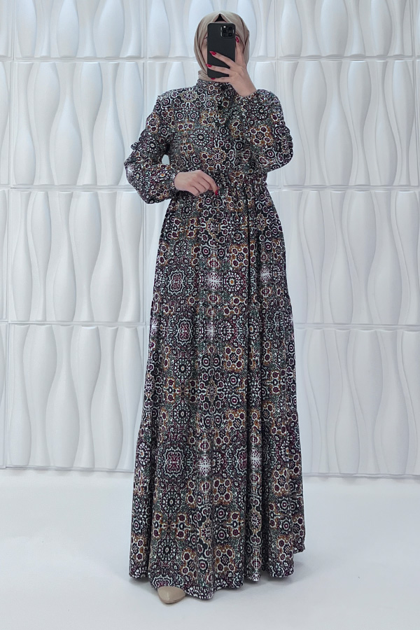 Etnik Desenli Pamuk Viskon Elbise - Siyah