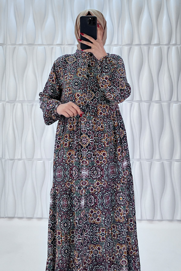 Etnik Desenli Pamuk Viskon Elbise - Siyah