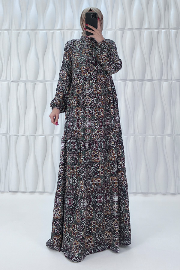 Etnik Desenli Pamuk Viskon Elbise - Siyah
