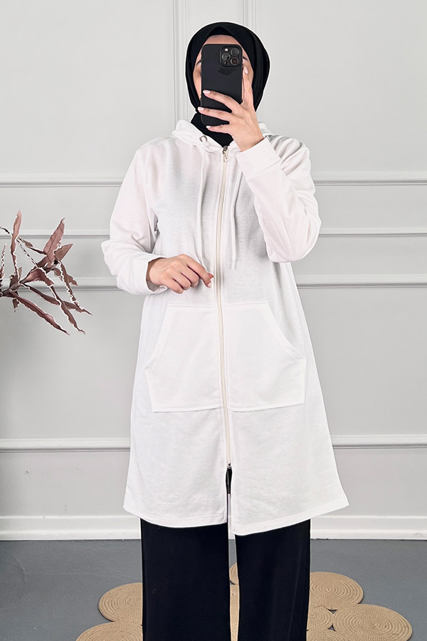 Fermuarlı Kapşonlu Sweatshirt - Beyaz Fermuarlı Kapşonlu Sweatshirt - Beyaz