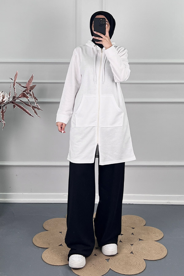 Fermuarlı Kapşonlu Sweatshirt - Beyaz Fermuarlı Kapşonlu Sweatshirt - Beyaz