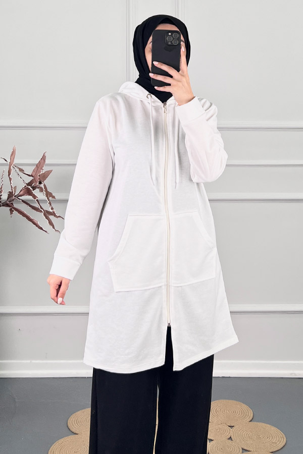 Fermuarlı Kapşonlu Sweatshirt - Beyaz Fermuarlı Kapşonlu Sweatshirt - Beyaz