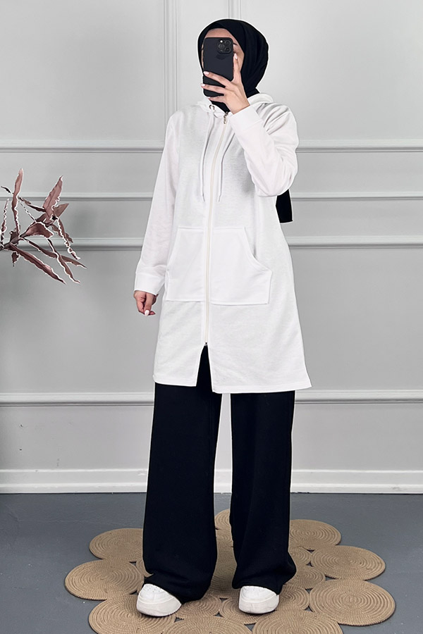 Fermuarlı Kapşonlu Sweatshirt - Beyaz Fermuarlı Kapşonlu Sweatshirt - Beyaz