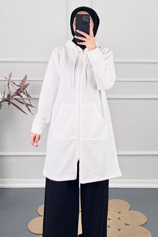 Fermuarlı Kapşonlu Sweatshirt - Beyaz Fermuarlı Kapşonlu Sweatshirt - Beyaz
