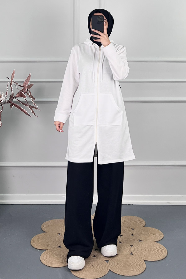 Fermuarlı Kapşonlu Sweatshirt - Beyaz Fermuarlı Kapşonlu Sweatshirt - Beyaz