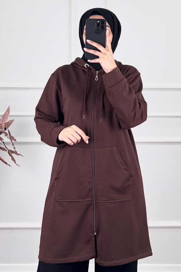Fermuarlı Kapşonlu Sweatshirt - Kahverengi