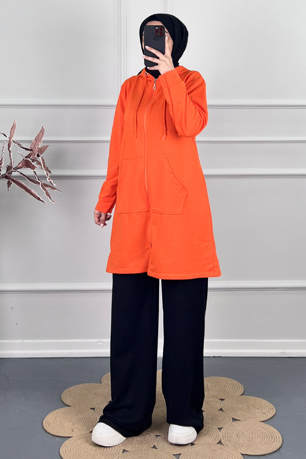 Fermuarlı Kapşonlu Sweatshirt - Turuncu